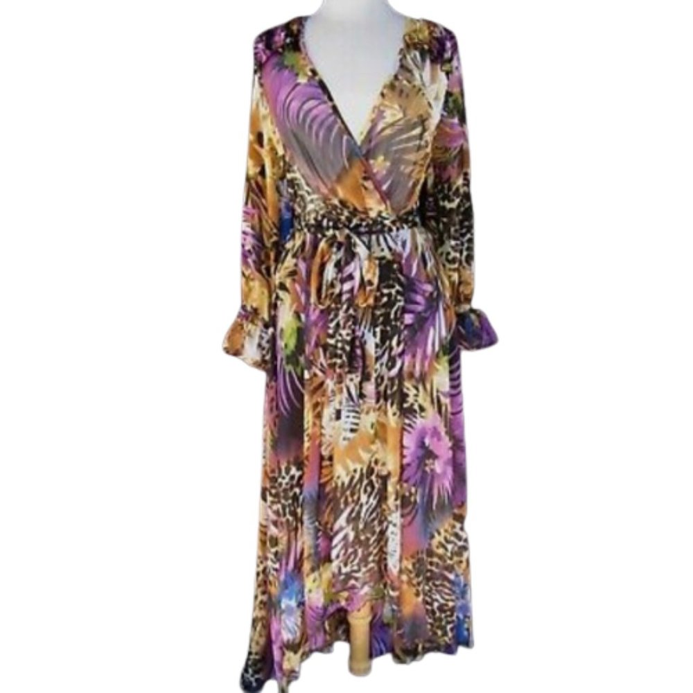 Woman's Swim Cover Maxi Dress Side Belt Tie Sheer Flowy Tropical size XL